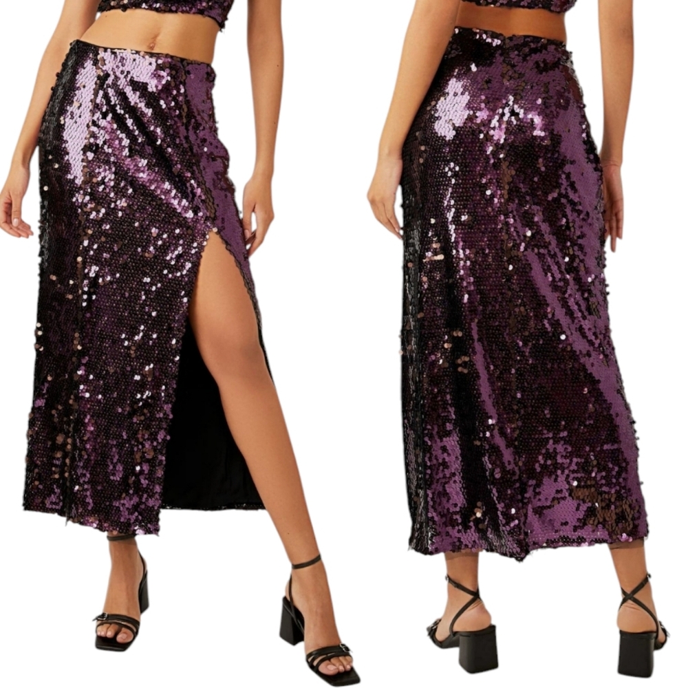 Free People Star Bright Purple Sequin Midi‎ Skirt
